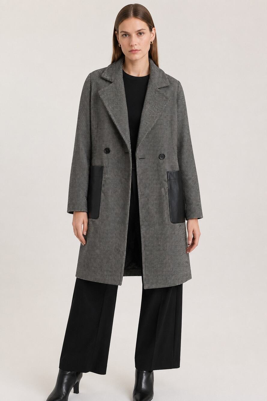Calvin Klein Walker Coat Houndstooth Vegan Leather Pockets Wool Blend Small